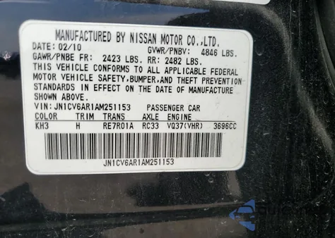 2010 Infiniti G37 from USA, damaged, VIN JN1CV6AR1AM251153